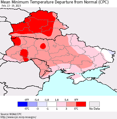 Ukraine, Moldova and Belarus Mean Minimum Temperature Departure from Normal (CPC) Thematic Map For 2/13/2023 - 2/19/2023