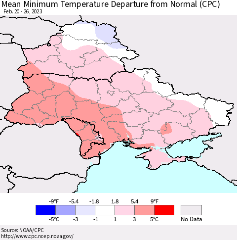 Ukraine, Moldova and Belarus Mean Minimum Temperature Departure from Normal (CPC) Thematic Map For 2/20/2023 - 2/26/2023