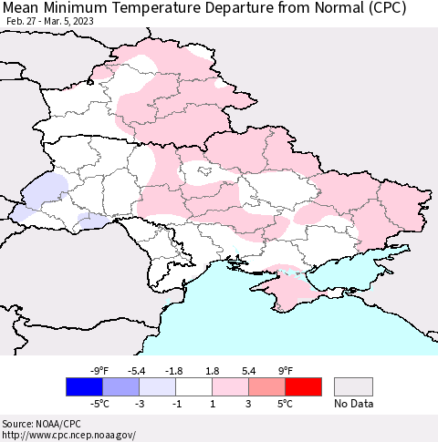 Ukraine, Moldova and Belarus Mean Minimum Temperature Departure from Normal (CPC) Thematic Map For 2/27/2023 - 3/5/2023