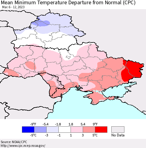 Ukraine, Moldova and Belarus Mean Minimum Temperature Departure from Normal (CPC) Thematic Map For 3/6/2023 - 3/12/2023