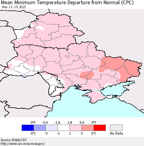 Ukraine, Moldova and Belarus Mean Minimum Temperature Departure from Normal (CPC) Thematic Map For 3/13/2023 - 3/19/2023