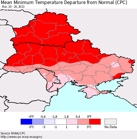 Ukraine, Moldova and Belarus Mean Minimum Temperature Departure from Normal (CPC) Thematic Map For 3/20/2023 - 3/26/2023