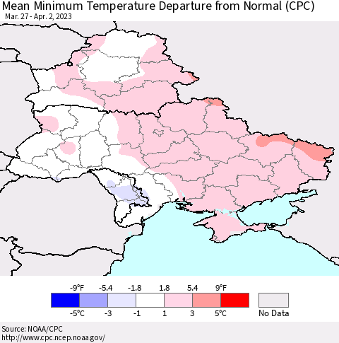 Ukraine, Moldova and Belarus Mean Minimum Temperature Departure from Normal (CPC) Thematic Map For 3/27/2023 - 4/2/2023