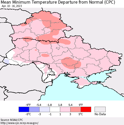 Ukraine, Moldova and Belarus Mean Minimum Temperature Departure from Normal (CPC) Thematic Map For 4/10/2023 - 4/16/2023