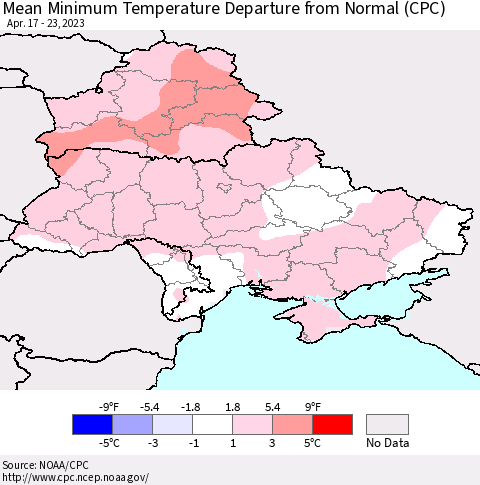Ukraine, Moldova and Belarus Mean Minimum Temperature Departure from Normal (CPC) Thematic Map For 4/17/2023 - 4/23/2023