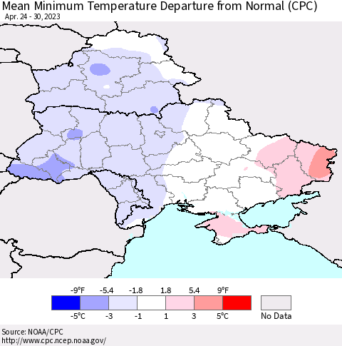 Ukraine, Moldova and Belarus Mean Minimum Temperature Departure from Normal (CPC) Thematic Map For 4/24/2023 - 4/30/2023
