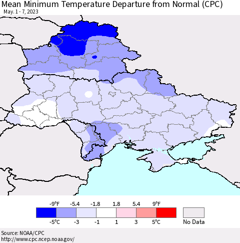 Ukraine, Moldova and Belarus Mean Minimum Temperature Departure from Normal (CPC) Thematic Map For 5/1/2023 - 5/7/2023