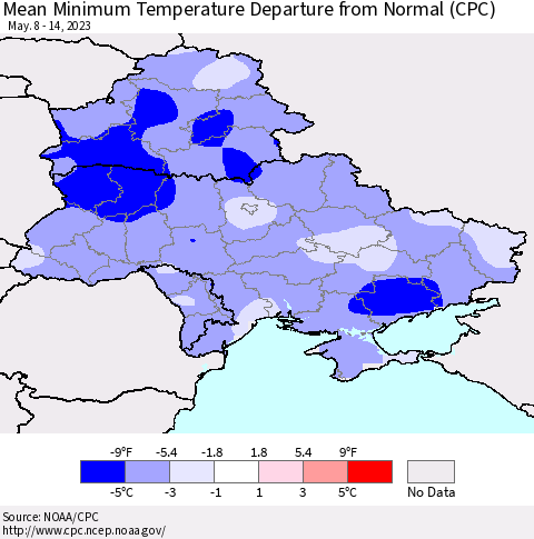 Ukraine, Moldova and Belarus Mean Minimum Temperature Departure from Normal (CPC) Thematic Map For 5/8/2023 - 5/14/2023