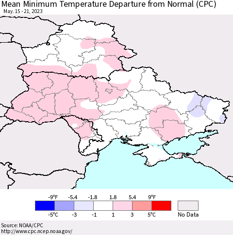 Ukraine, Moldova and Belarus Mean Minimum Temperature Departure from Normal (CPC) Thematic Map For 5/15/2023 - 5/21/2023