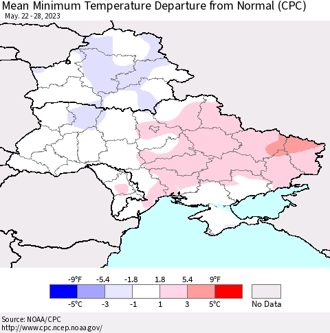 Ukraine, Moldova and Belarus Mean Minimum Temperature Departure from Normal (CPC) Thematic Map For 5/22/2023 - 5/28/2023