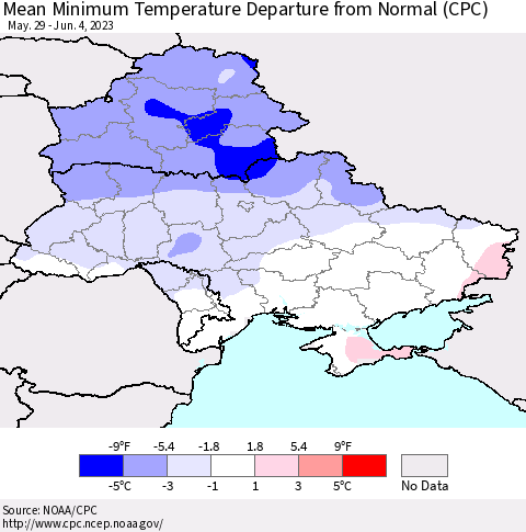 Ukraine, Moldova and Belarus Mean Minimum Temperature Departure from Normal (CPC) Thematic Map For 5/29/2023 - 6/4/2023