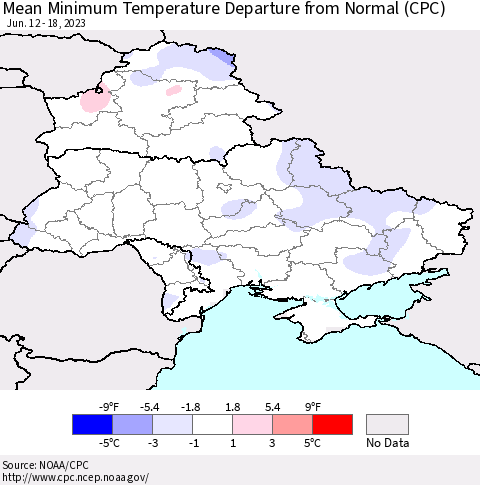 Ukraine, Moldova and Belarus Mean Minimum Temperature Departure from Normal (CPC) Thematic Map For 6/12/2023 - 6/18/2023