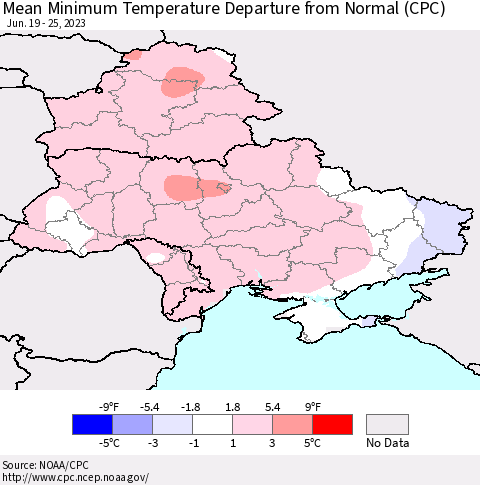 Ukraine, Moldova and Belarus Mean Minimum Temperature Departure from Normal (CPC) Thematic Map For 6/19/2023 - 6/25/2023