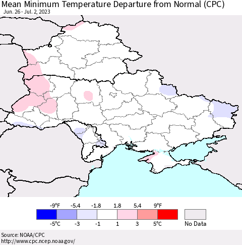 Ukraine, Moldova and Belarus Mean Minimum Temperature Departure from Normal (CPC) Thematic Map For 6/26/2023 - 7/2/2023