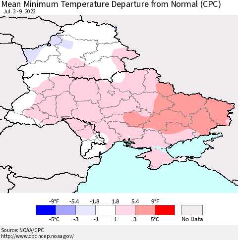 Ukraine, Moldova and Belarus Mean Minimum Temperature Departure from Normal (CPC) Thematic Map For 7/3/2023 - 7/9/2023