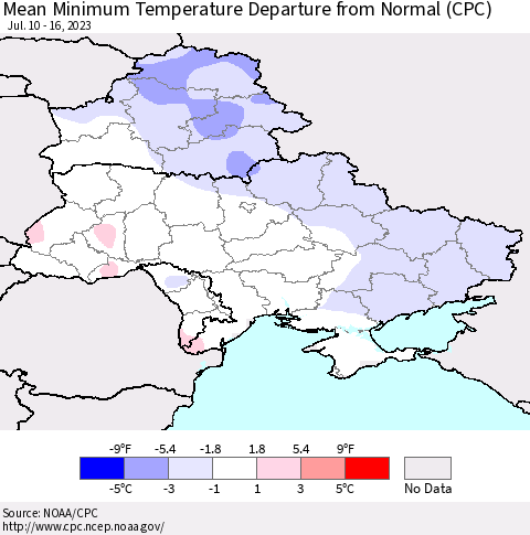 Ukraine, Moldova and Belarus Mean Minimum Temperature Departure from Normal (CPC) Thematic Map For 7/10/2023 - 7/16/2023