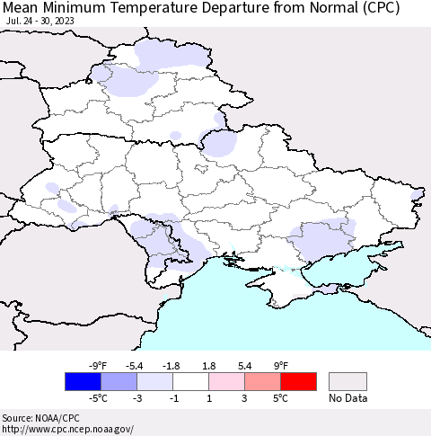 Ukraine, Moldova and Belarus Mean Minimum Temperature Departure from Normal (CPC) Thematic Map For 7/24/2023 - 7/30/2023