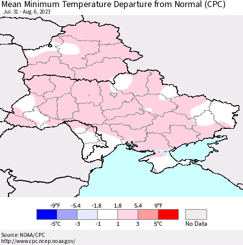 Ukraine, Moldova and Belarus Mean Minimum Temperature Departure from Normal (CPC) Thematic Map For 7/31/2023 - 8/6/2023