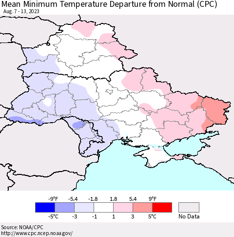Ukraine, Moldova and Belarus Mean Minimum Temperature Departure from Normal (CPC) Thematic Map For 8/7/2023 - 8/13/2023