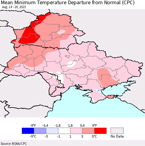 Ukraine, Moldova and Belarus Mean Minimum Temperature Departure from Normal (CPC) Thematic Map For 8/14/2023 - 8/20/2023