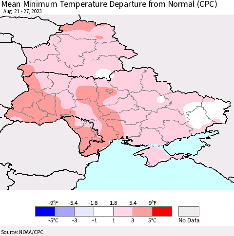 Ukraine, Moldova and Belarus Mean Minimum Temperature Departure from Normal (CPC) Thematic Map For 8/21/2023 - 8/27/2023