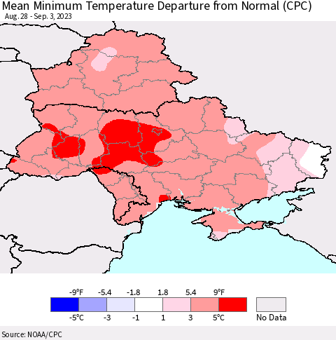 Ukraine, Moldova and Belarus Mean Minimum Temperature Departure from Normal (CPC) Thematic Map For 8/28/2023 - 9/3/2023