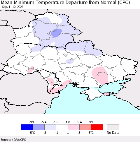 Ukraine, Moldova and Belarus Mean Minimum Temperature Departure from Normal (CPC) Thematic Map For 9/4/2023 - 9/10/2023