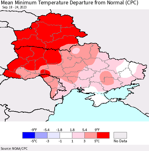 Ukraine, Moldova and Belarus Mean Minimum Temperature Departure from Normal (CPC) Thematic Map For 9/18/2023 - 9/24/2023