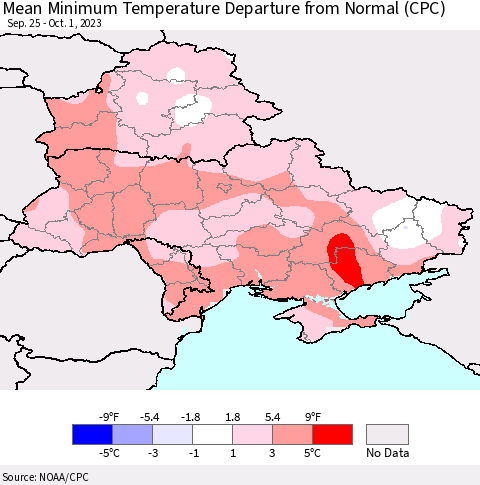 Ukraine, Moldova and Belarus Mean Minimum Temperature Departure from Normal (CPC) Thematic Map For 9/25/2023 - 10/1/2023