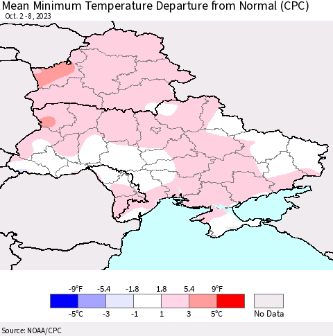 Ukraine, Moldova and Belarus Mean Minimum Temperature Departure from Normal (CPC) Thematic Map For 10/2/2023 - 10/8/2023