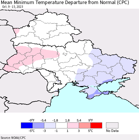 Ukraine, Moldova and Belarus Mean Minimum Temperature Departure from Normal (CPC) Thematic Map For 10/9/2023 - 10/15/2023