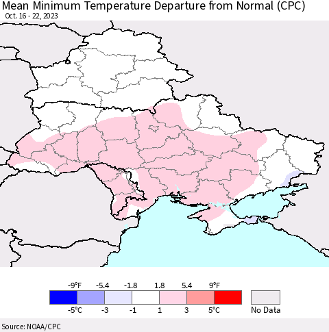 Ukraine, Moldova and Belarus Mean Minimum Temperature Departure from Normal (CPC) Thematic Map For 10/16/2023 - 10/22/2023