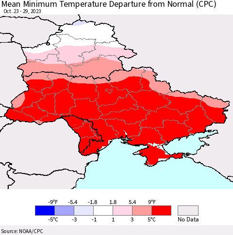 Ukraine, Moldova and Belarus Mean Minimum Temperature Departure from Normal (CPC) Thematic Map For 10/23/2023 - 10/29/2023