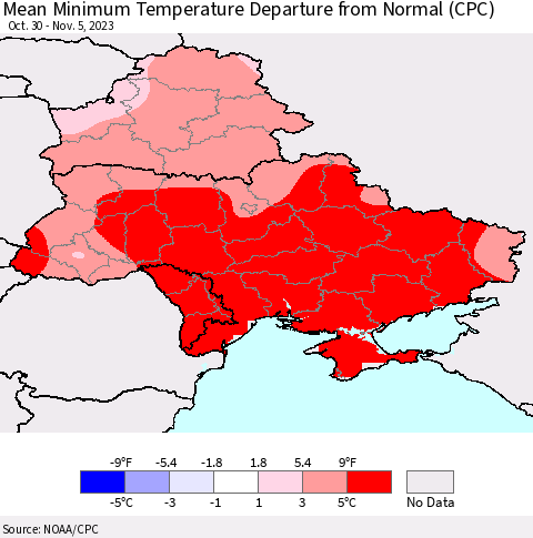 Ukraine, Moldova and Belarus Mean Minimum Temperature Departure from Normal (CPC) Thematic Map For 10/30/2023 - 11/5/2023