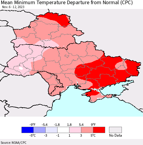 Ukraine, Moldova and Belarus Mean Minimum Temperature Departure from Normal (CPC) Thematic Map For 11/6/2023 - 11/12/2023
