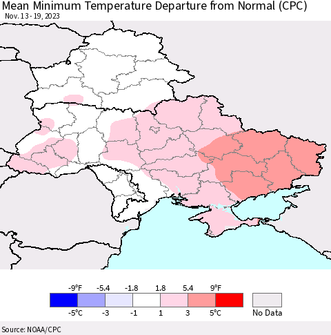 Ukraine, Moldova and Belarus Mean Minimum Temperature Departure from Normal (CPC) Thematic Map For 11/13/2023 - 11/19/2023