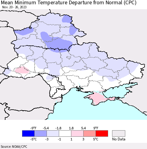 Ukraine, Moldova and Belarus Mean Minimum Temperature Departure from Normal (CPC) Thematic Map For 11/20/2023 - 11/26/2023
