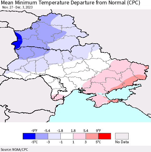 Ukraine, Moldova and Belarus Mean Minimum Temperature Departure from Normal (CPC) Thematic Map For 11/27/2023 - 12/3/2023