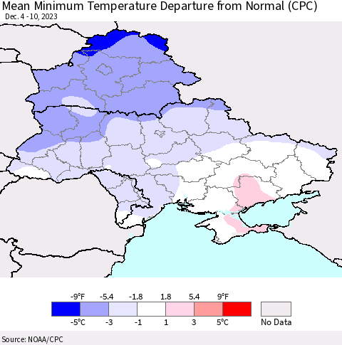 Ukraine, Moldova and Belarus Mean Minimum Temperature Departure from Normal (CPC) Thematic Map For 12/4/2023 - 12/10/2023