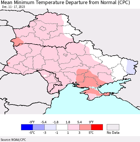 Ukraine, Moldova and Belarus Mean Minimum Temperature Departure from Normal (CPC) Thematic Map For 12/11/2023 - 12/17/2023