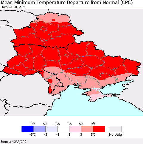 Ukraine, Moldova and Belarus Mean Minimum Temperature Departure from Normal (CPC) Thematic Map For 12/25/2023 - 12/31/2023
