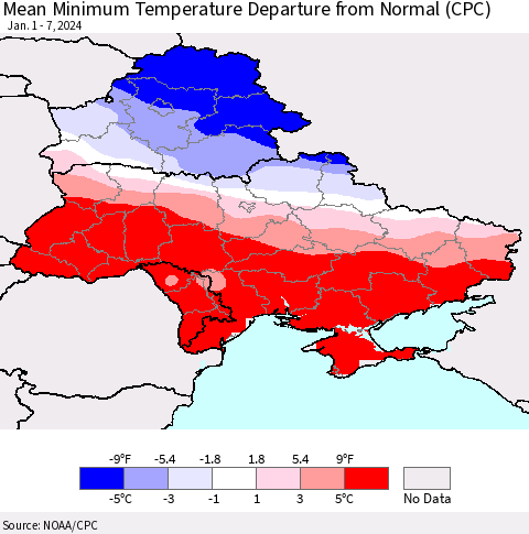 Ukraine, Moldova and Belarus Mean Minimum Temperature Departure from Normal (CPC) Thematic Map For 1/1/2024 - 1/7/2024
