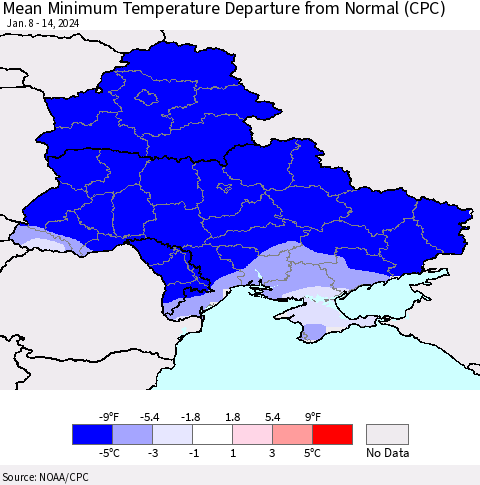 Ukraine, Moldova and Belarus Mean Minimum Temperature Departure from Normal (CPC) Thematic Map For 1/8/2024 - 1/14/2024