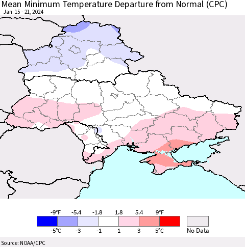 Ukraine, Moldova and Belarus Mean Minimum Temperature Departure from Normal (CPC) Thematic Map For 1/15/2024 - 1/21/2024