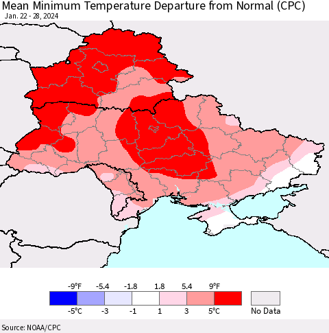 Ukraine, Moldova and Belarus Mean Minimum Temperature Departure from Normal (CPC) Thematic Map For 1/22/2024 - 1/28/2024