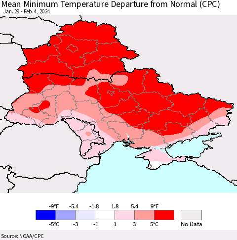 Ukraine, Moldova and Belarus Mean Minimum Temperature Departure from Normal (CPC) Thematic Map For 1/29/2024 - 2/4/2024
