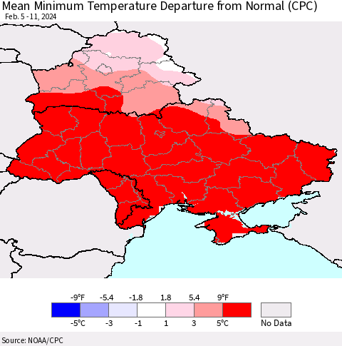Ukraine, Moldova and Belarus Mean Minimum Temperature Departure from Normal (CPC) Thematic Map For 2/5/2024 - 2/11/2024