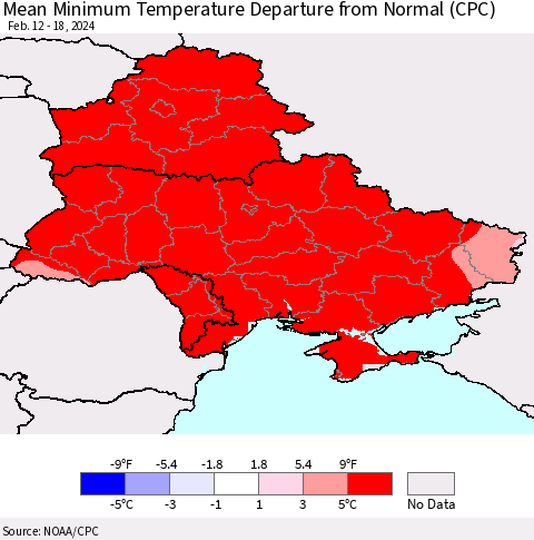 Ukraine, Moldova and Belarus Mean Minimum Temperature Departure from Normal (CPC) Thematic Map For 2/12/2024 - 2/18/2024