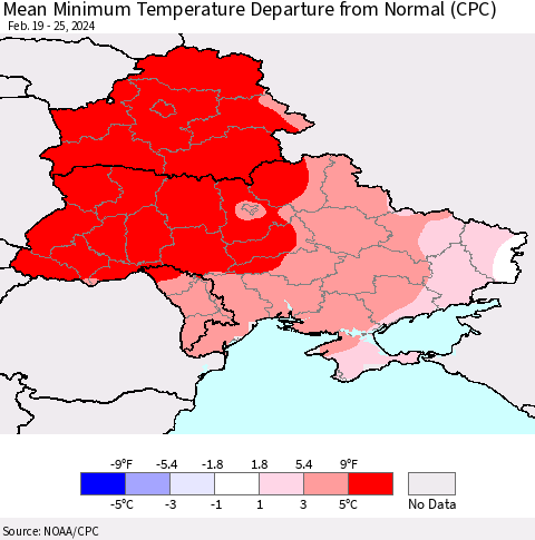 Ukraine, Moldova and Belarus Mean Minimum Temperature Departure from Normal (CPC) Thematic Map For 2/19/2024 - 2/25/2024