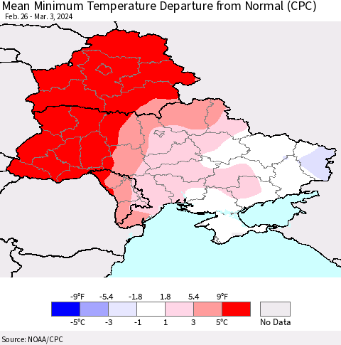 Ukraine, Moldova and Belarus Mean Minimum Temperature Departure from Normal (CPC) Thematic Map For 2/26/2024 - 3/3/2024